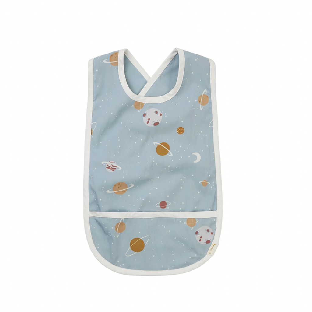 Back Side of Fabelab Chambray Blue Spruce Cross Back Bib, Cotton Bib for Kids with White Piping