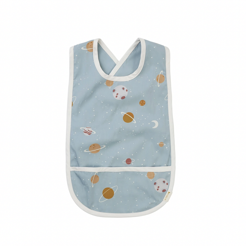 Fabelab Planetary Cross Back Bib Kid's Cotton Feeding Accessories. Front view. Light blue with white piping. Print of multicolored planets. 