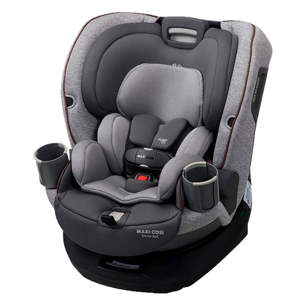 Maxi Cosi Emme Convertible Car Seat with child, highlighting its rotating car seat feature in a neutral setting.