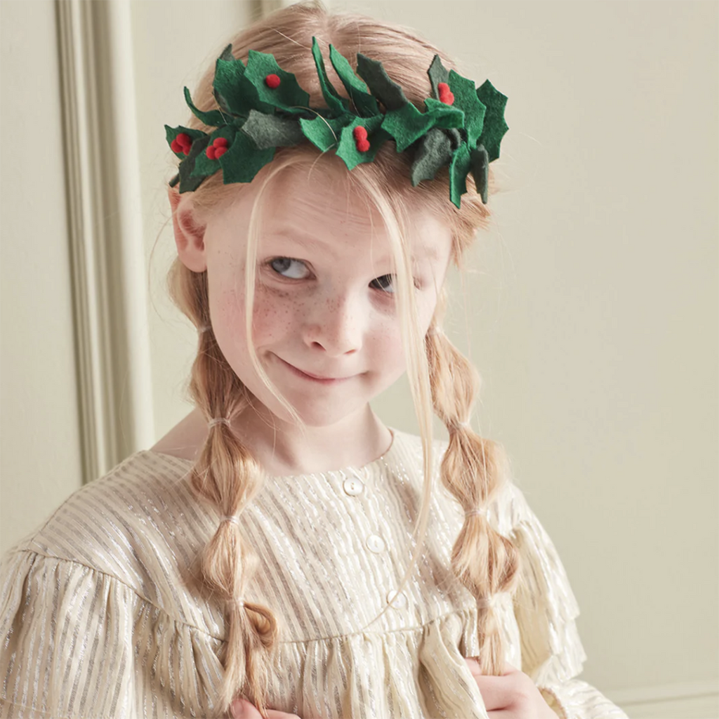 Meri Meri Felt Holly Headband Children's Dress-Up Accessory. Modeled on child.