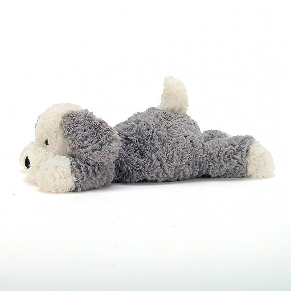 Jellycat Medium Tumblie Sheep Dog Children's Stuffed Animal. Soft grey and cream colored fur. Black stitched nose and black button eyes.