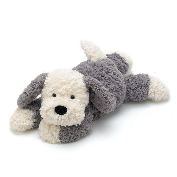 Jellycat Medium Tumblie Sheep Dog Children's Stuffed Animal. Soft grey and cream colored fur. Black stitched nose and black button eyes. 