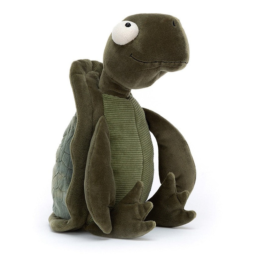 Jellycat Tommy Turtle Children's Plush Stuffed Animal Toy smiling turtle with big eyes, corduroy belly, smooth flippers, textured shell. Dark and deep green hues.
