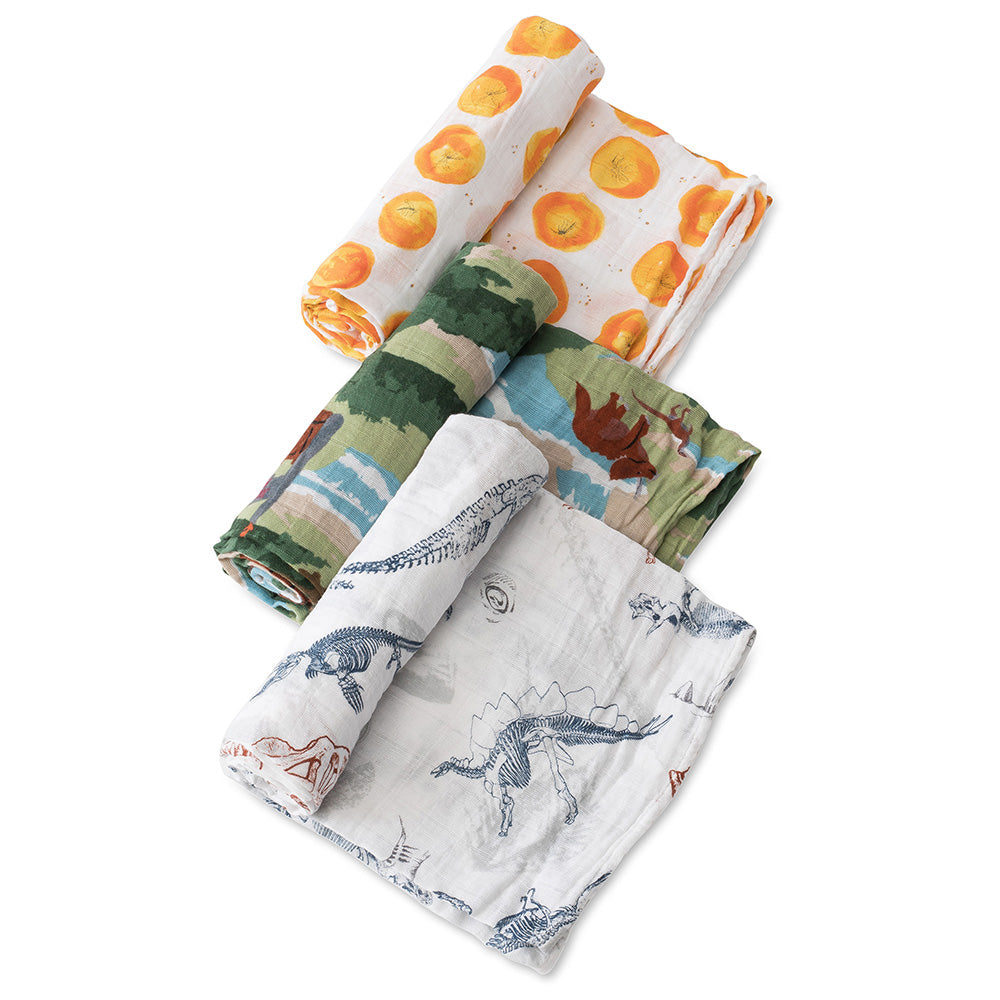 Little Unicorn dino friends cotton muslin baby swaddle pack of three