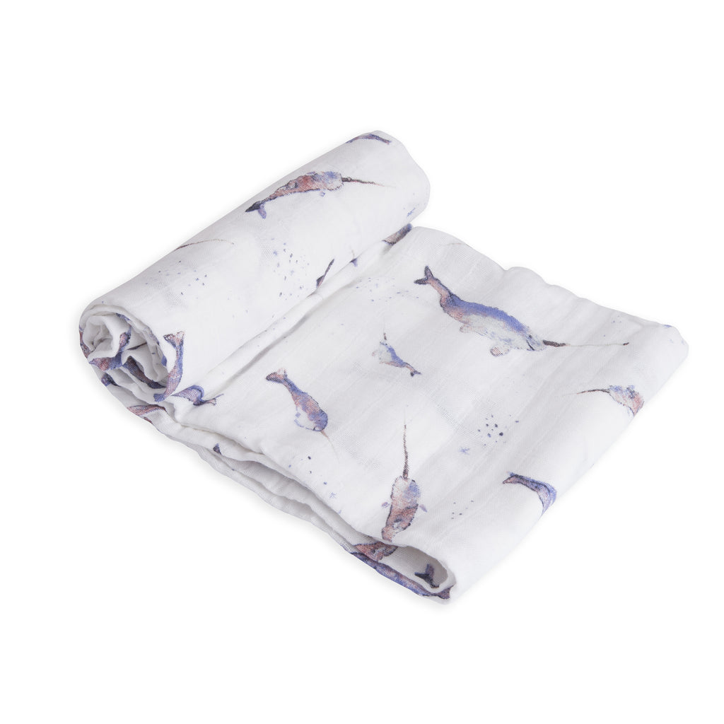 Little Unicorn Lightweight Breathable Single Cotton Baby Swaddle narwhal whale blue purple light 