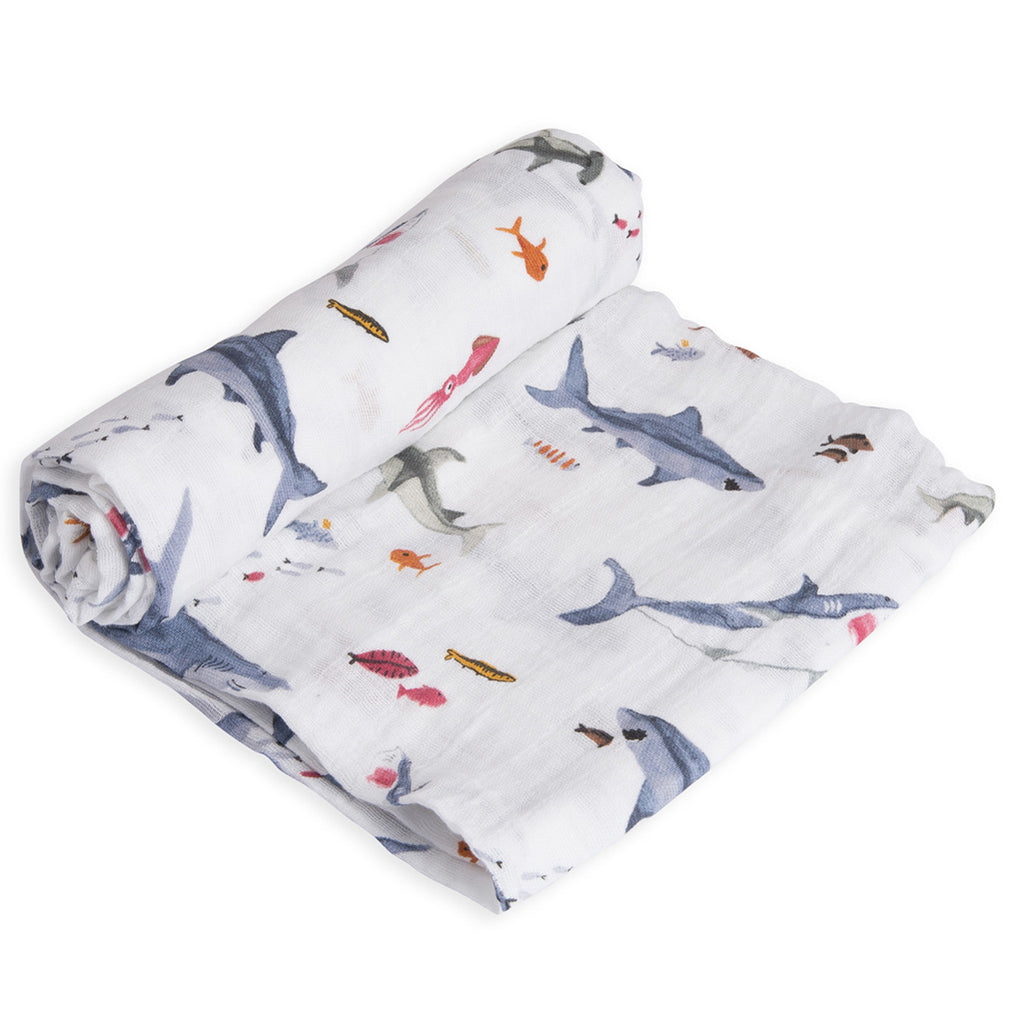 Little Unicorn Lightweight Breathable Single Cotton Baby Swaddle sharks under the ocean