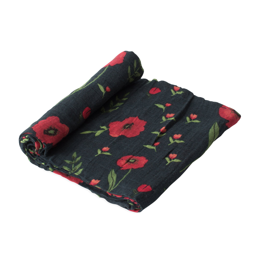 Little Unicorn Lightweight Breathable Single Cotton Baby Swaddle midnight poppy black floral red