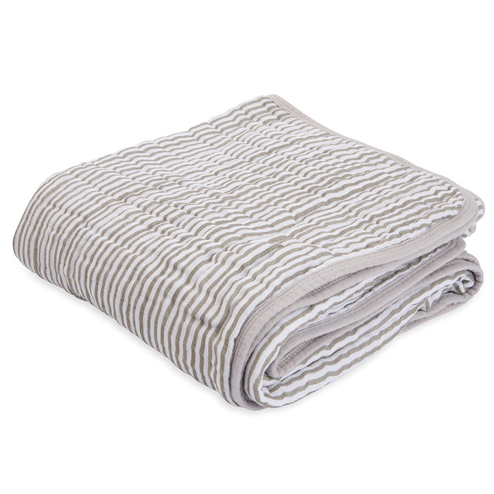 The Little Unicorn Muslin Quilt in Grey Stripe features earthy tones and softness, perfect for baby boy blanket style.