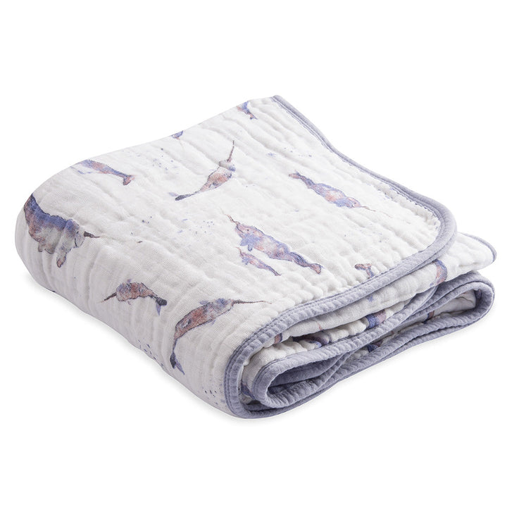 Bright and modern, the Little Unicorn Muslin Quilt in Narwhal makes the best baby blankets for daily use.
