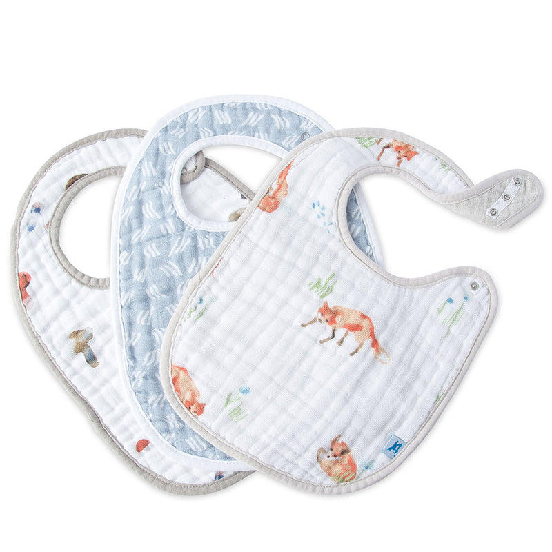 Little Unicorn bibs Cotton Classic Baby Bib fox blue grass set showcasing fox and nature-inspired patterns