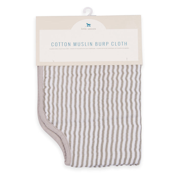 Little Unicorn Muslin Burp Cloth in Grey Stripe combines classic tones with cozy muslin burp cloth.