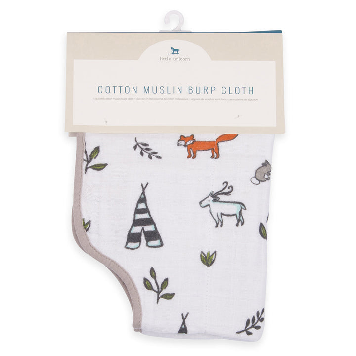 Little Unicorn Muslin Burp Cloth in Forest Friends gives breezy, nature-inspired comfort in the best burp cloths.