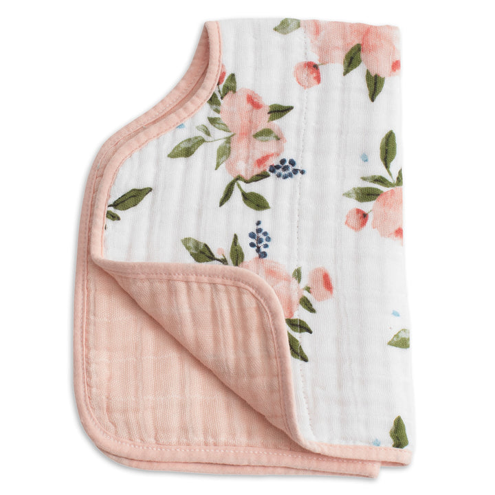 Little Unicorn Cotton Muslin Burp Cloth in Watercolor Roses delivers soft protection and absorbency in baby burp cloths.