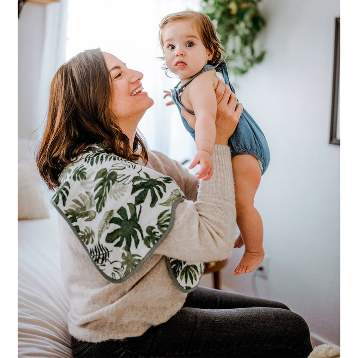 Everyday messes are no match for the Little Unicorn Muslin Burp Cloth in Tropical Leaf, quality burp cloths for newborn.