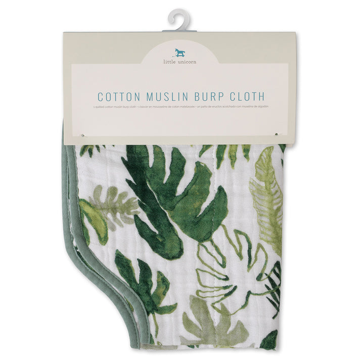 Fresh tones and cozy texture make the Little Unicorn Cotton Muslin Burp Cloth in Tropical Leaf the best burp cloth choice.