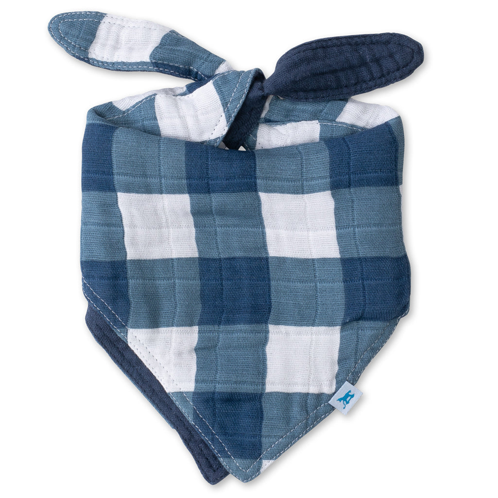 Little Unicorn Blue Jack Plaid Reversible Bandana Baby Bib, featuring a classic plaid design