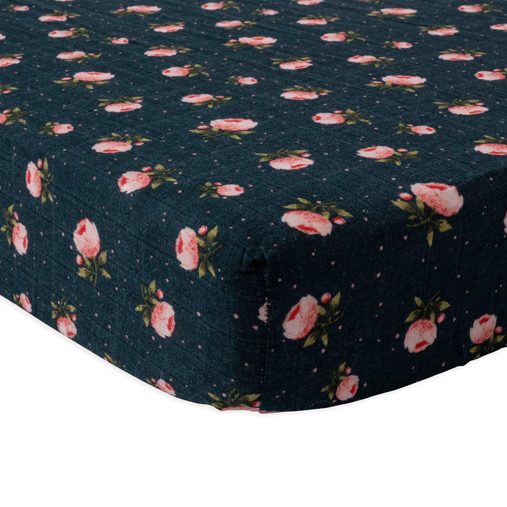Little Unicorn Fitted Crib Sheet Lightweight Breathable Cotton Muslin midnight rose navy blue pink flowers floral
