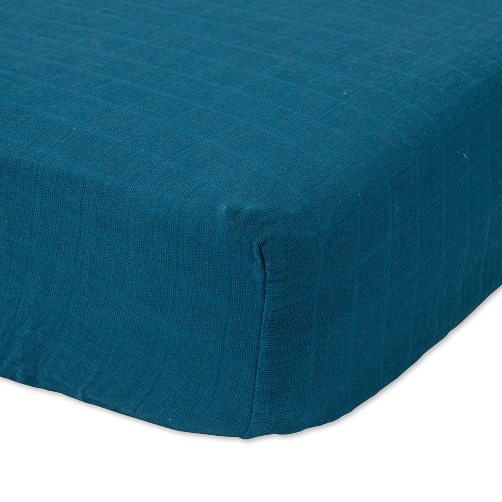 Little Unicorn Fitted Crib Sheet Lightweight Breathable Cotton Muslin lake deep blue 