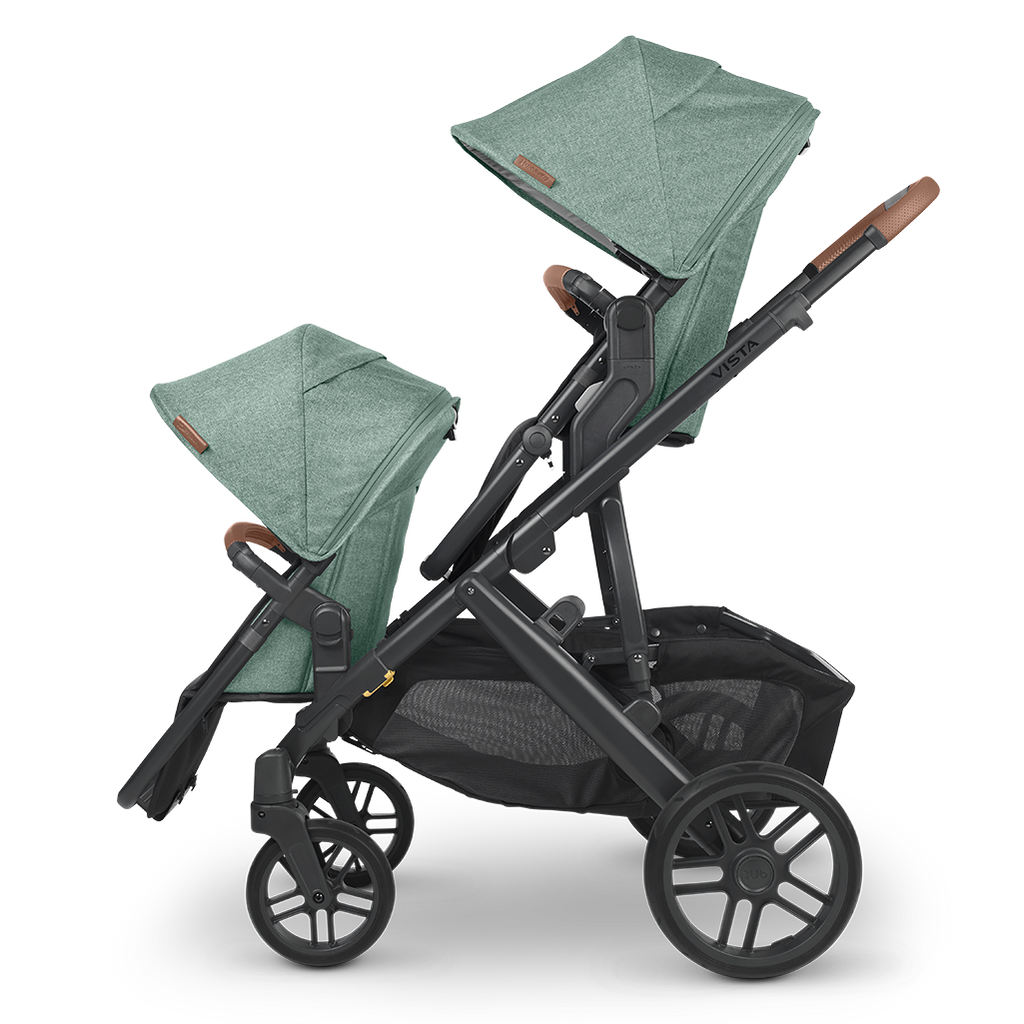 Side of Gwen Green Uppababy VISTA V2 Stroller with Two Rumbleseats