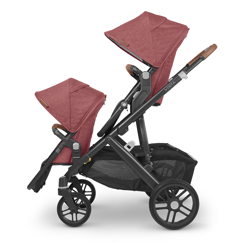 Side of Lucy Red Uppababy VISTA V2 Stroller with Two Rumbleseats