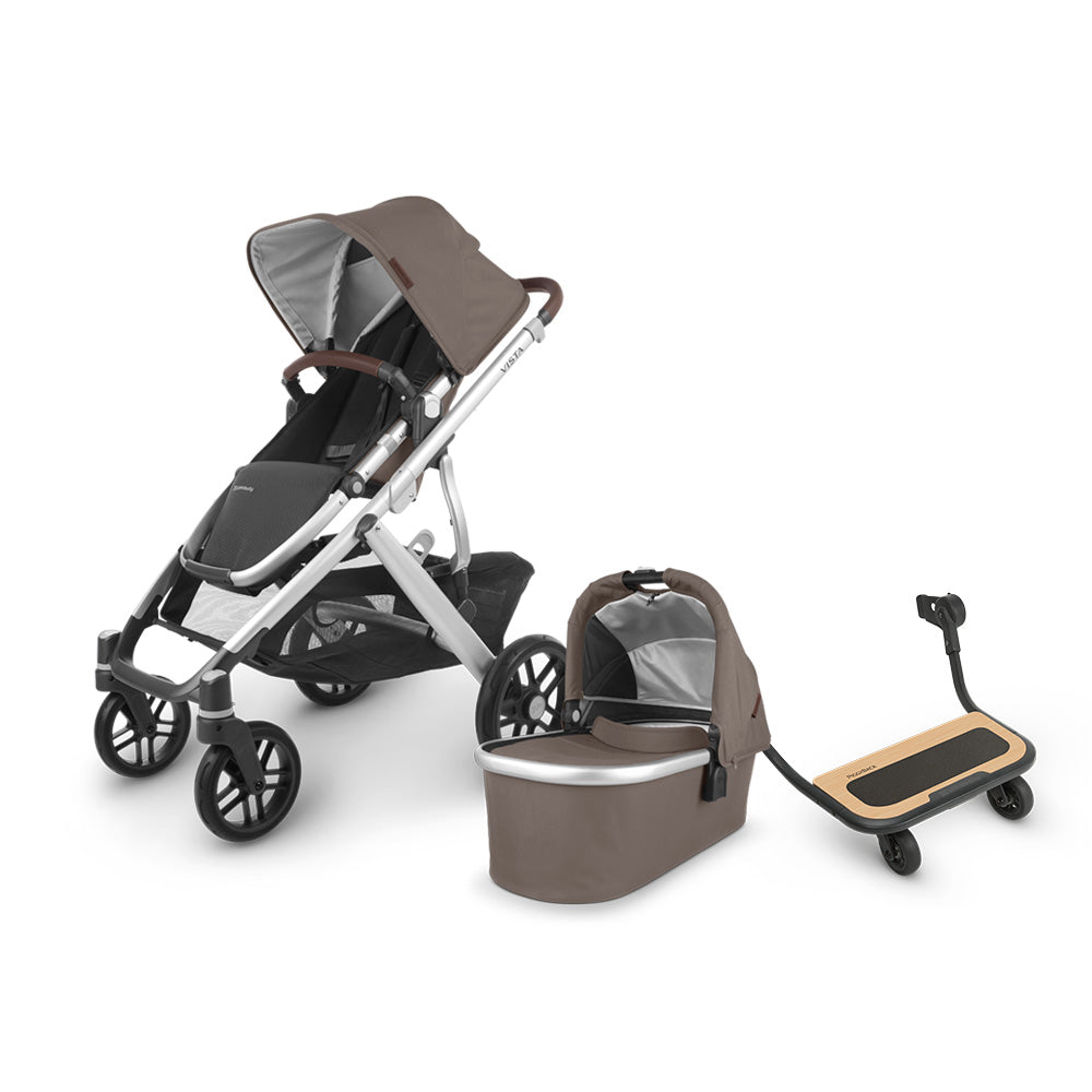 Uppababy Vista stroller with sibling piggy back in the color theo 
