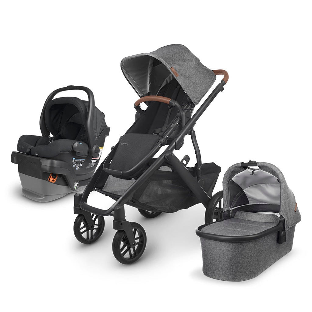 UPPAbaby Stroller, Infant Car Seat, and bassinet set in Greyson