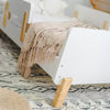 Dadada Muse Toddler Bed in White/Natural. Close up of hardware and legs.best toddler furniture