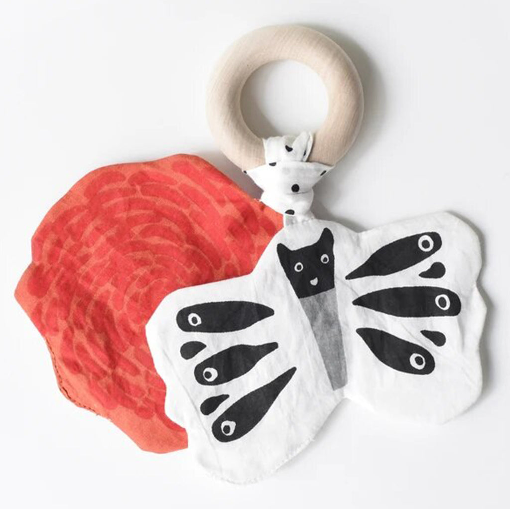 lifestyle_1, Wee Gallery Butterfly Crinkle Teether Infant Baby Toy black white red