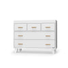 dadada White Boston 5-Drawer Dresser Children's Nursery Furniture. Shown with changing tray attached (sold separately). Natural colored handles variation. 