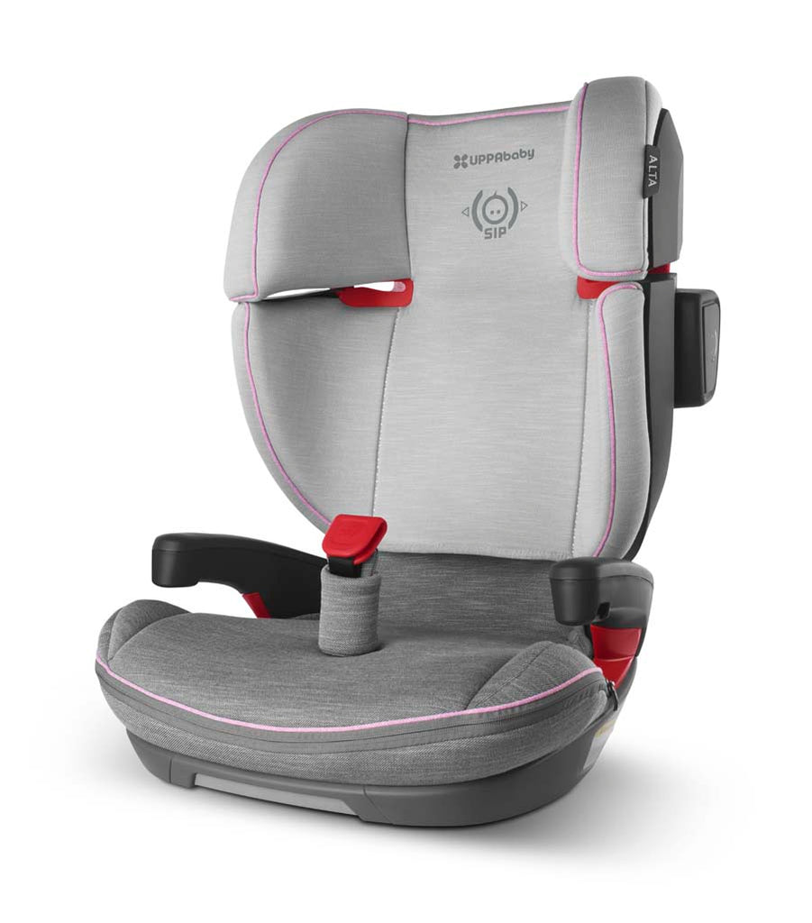 Uppababy alta childs booster seat in Sasha grey with pink stripe