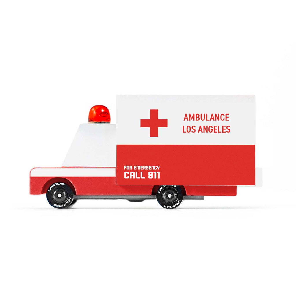 Red-and-white ambulance van by Candylab, ideal for pretend rescue missions.