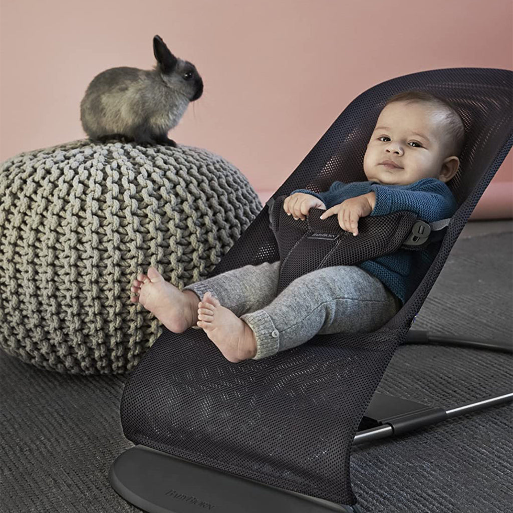 baby sitting in dark grey anthracite BabyBjorn mesh bouncer bliss
