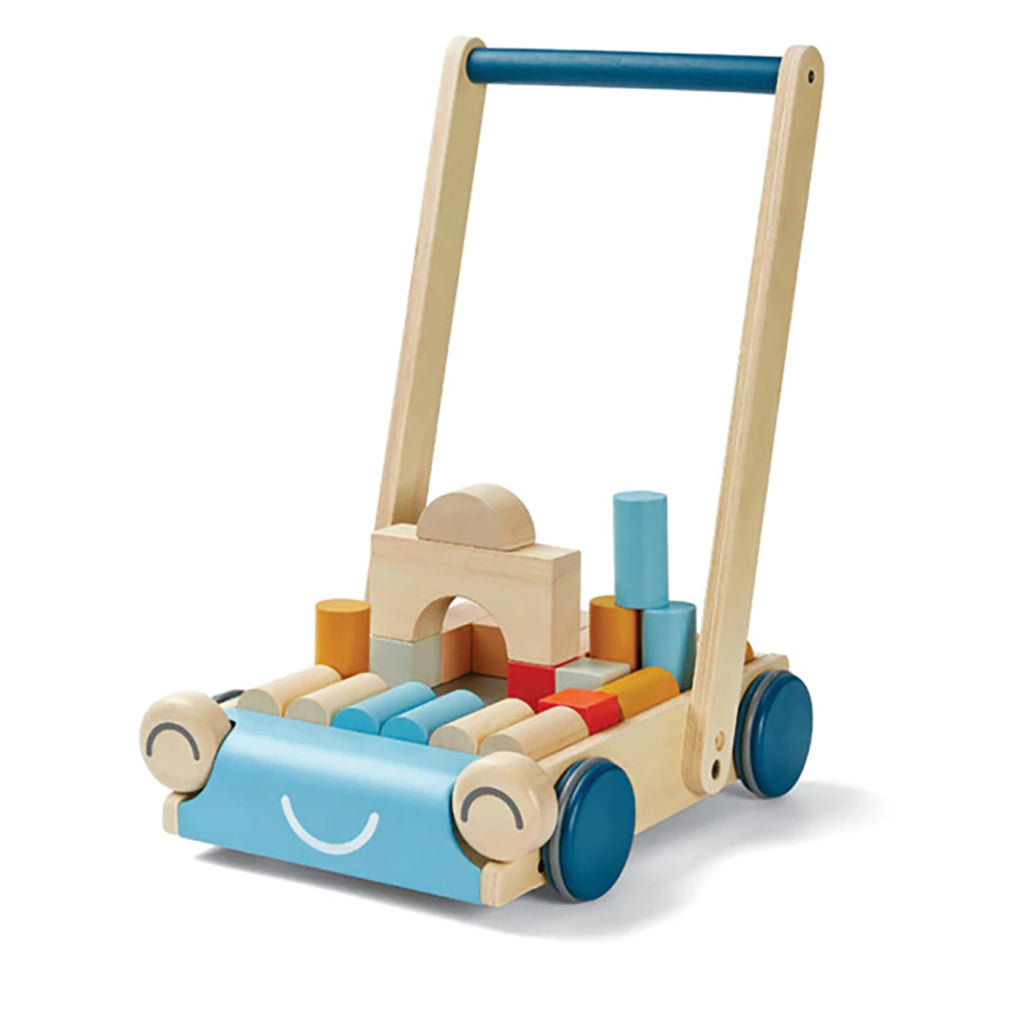 Plan Toys Baby Walker Infant Toddler Push Toy & Blocks Set - blue handle and natural frame, and blue wheels. The cart has two eyes and a big smile, as well as a small cubbie to fit all the blocks into