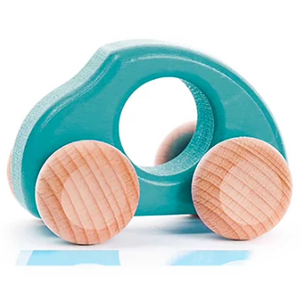 BAJO teal beetle car, a charming wooden toy for kids.