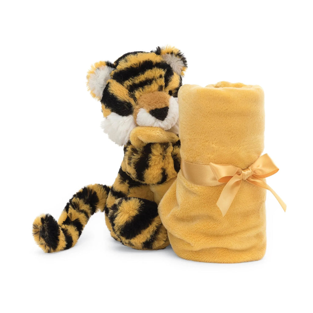 Jellycat Bashful Tiger Soother Children's Soft Blanket/Plush Toy. Orange and black striped tiger soother with orange blanket.