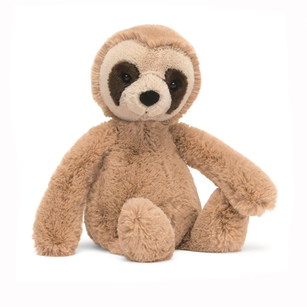 Jellycat medium bashful sloth childrens stuffed animal toys with light brown body, dark brown eyes