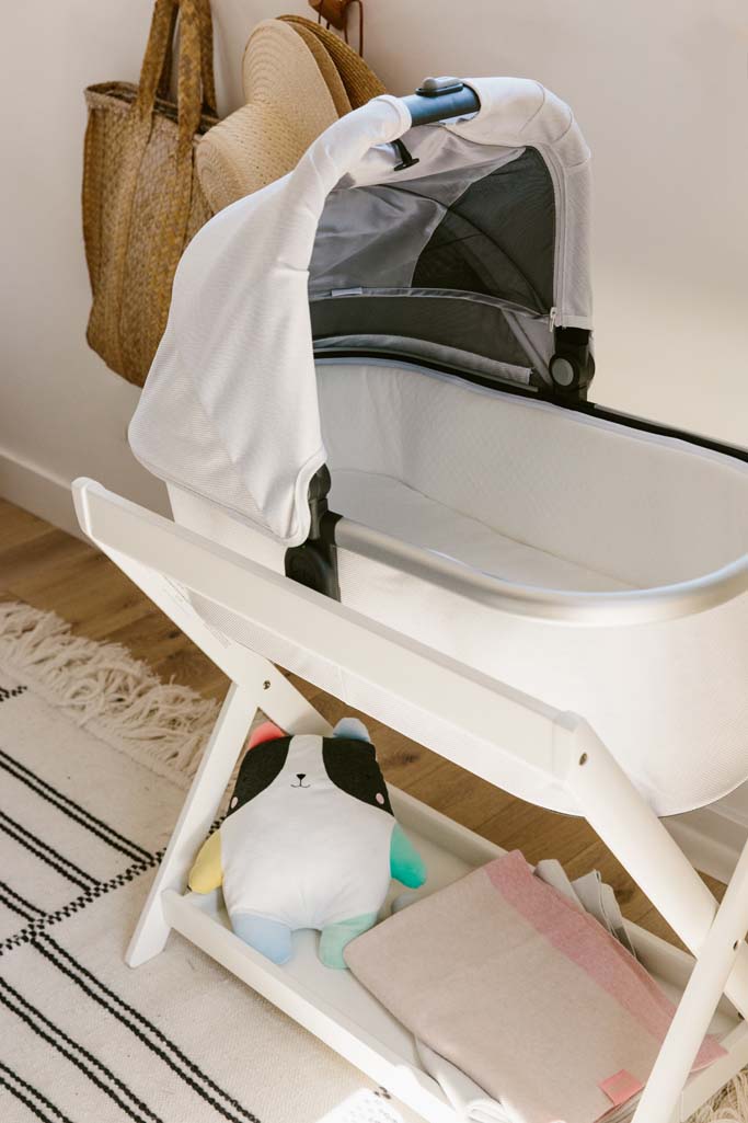 UPPAbaby Bassinet Stand with White Bassinet Attached, mini cribs for babies