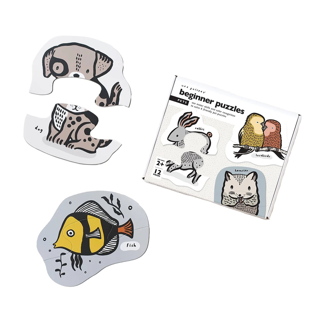 Wee Gallery Pets Beginner Puzzles Children's Learning Puzzle Set. Shown are two of six puzzles. Fish and Puppy shown.