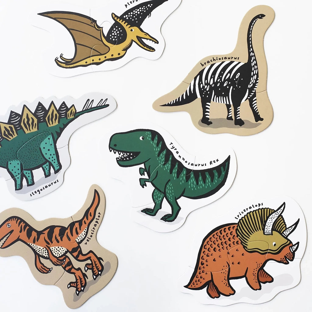 Wee Gallery Dinos Beginner Puzzles Children's Learning Puzzle Set. Image showing all six dino puzzles 