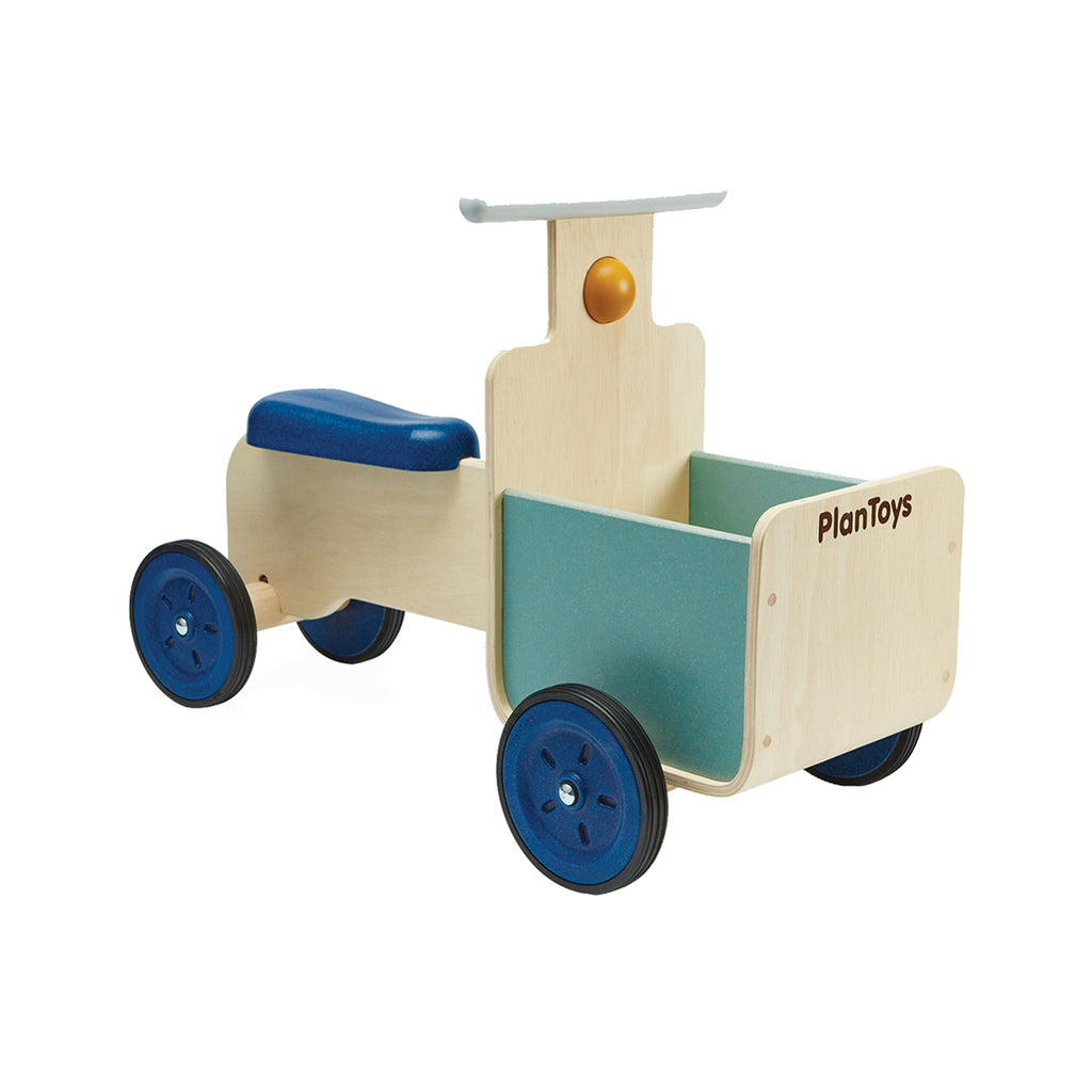 PlanToys Orchard Delivery Bike Children's Wooden Rideable Vehicle Toy blue and natural