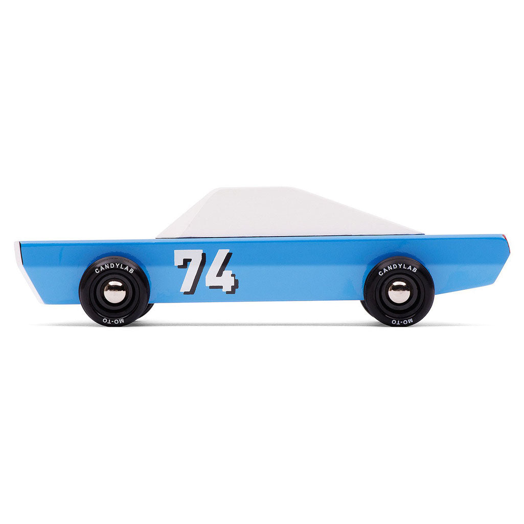 Side View of Candylab Blu 74 Car Kid's Wooden Toy, Showcasing Retro Aesthetics