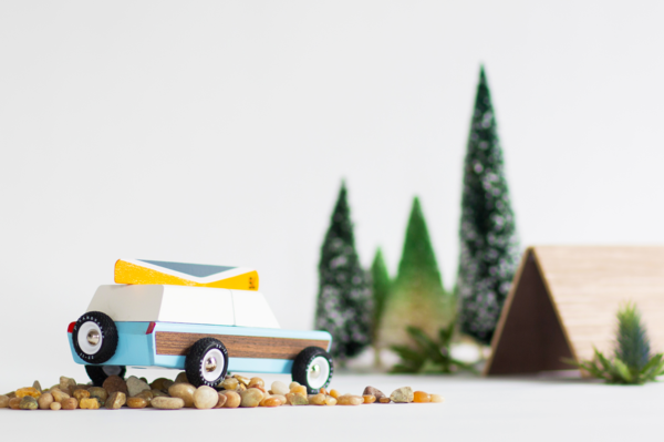 Modern Vintage Candylab Wooden Toy Car Pioneer in Teal Blue