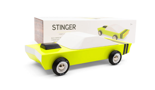 Candylab Stinger wooden toy car in bold yellow black and white muscle car design