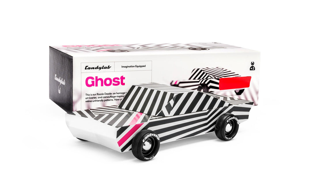 Candylab vintage ghost car toy, black and white wooden vehicle for kids and collectors.