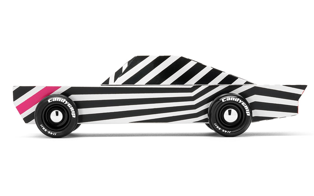 Limited edition Candylab ghost car, modern minimalist beech wood toy with bold stripes.