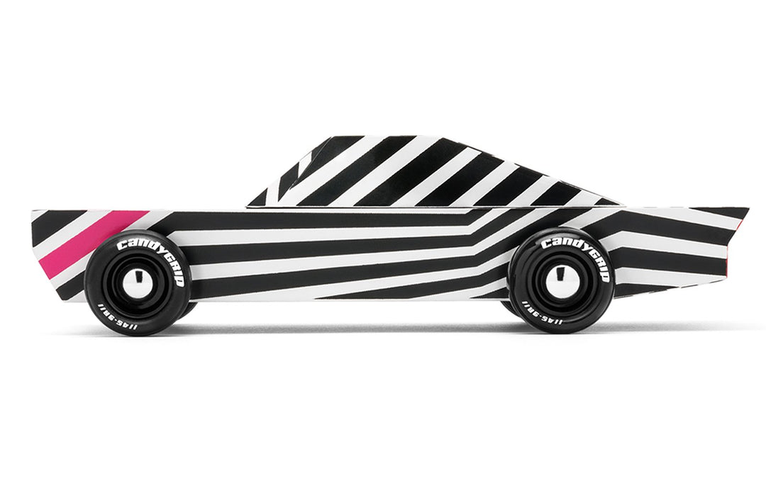 Limited edition Candylab ghost car, modern minimalist beech wood toy with bold stripes.