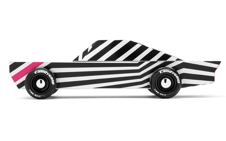 Limited edition Candylab ghost car, modern minimalist beech wood toy with bold stripes.