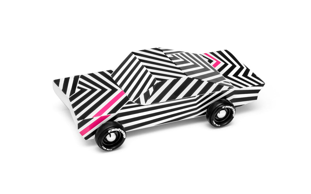 Candylab black and white ghost car, handcrafted wooden toy with retro-inspired design.