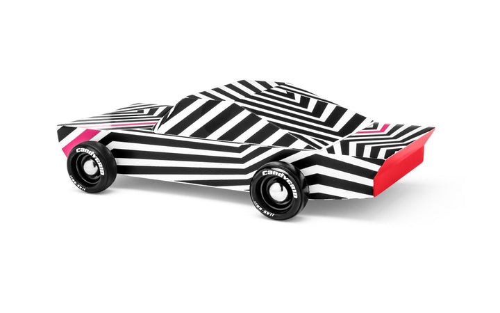 Candylab wooden ghost car for toddlers, solid beech wood with a sleek black-and-white look.