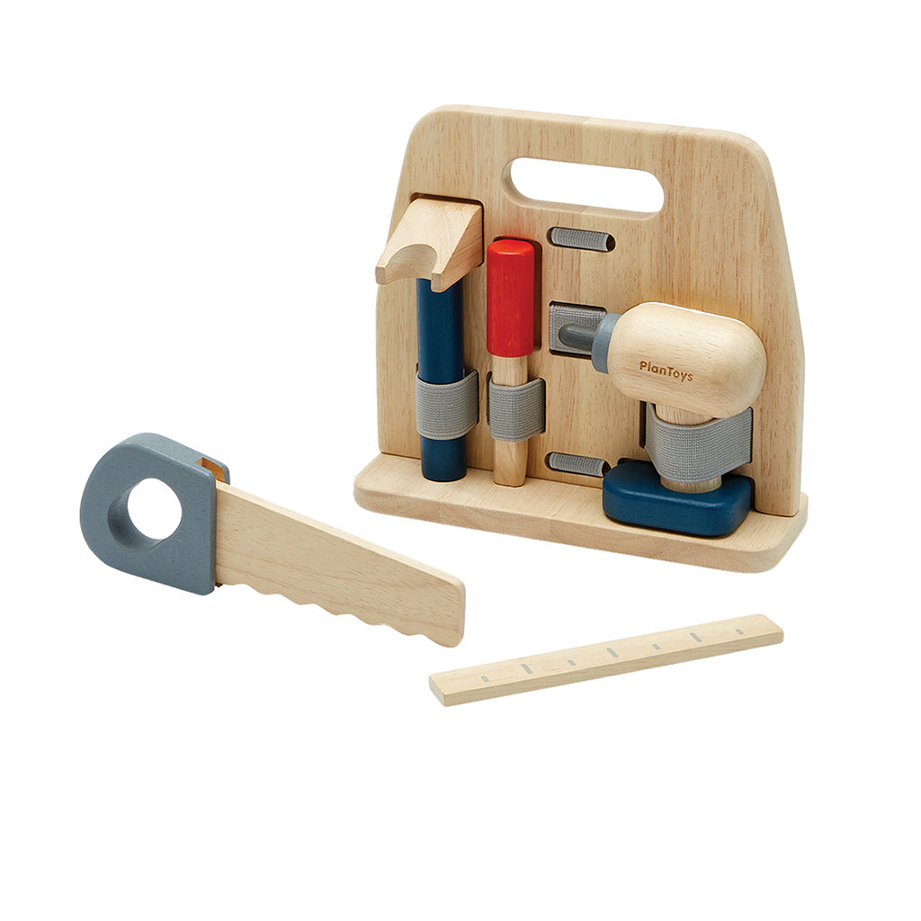Plan Toys Handy Carpenter Set Children's Pretend Play Wooden Toys natural wood with gray blue and red accents